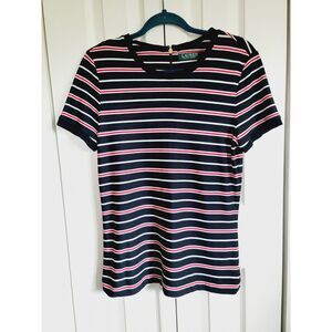 Lauren Ralph Lauren L Shirt Women's R/W/B Striped Short Sleeve Pullover Rear Zip